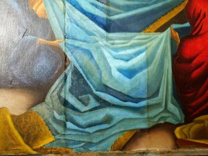 Detail of cleaning to an Indian painting of a Sari shop.