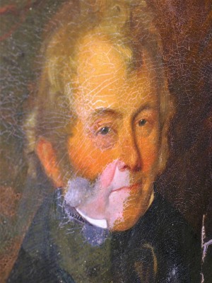 Detail of a 19th century portrait of a Scotsman during varnish removal.