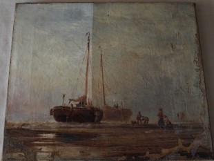 19th century beach scene with paint loss to edges during cleaning