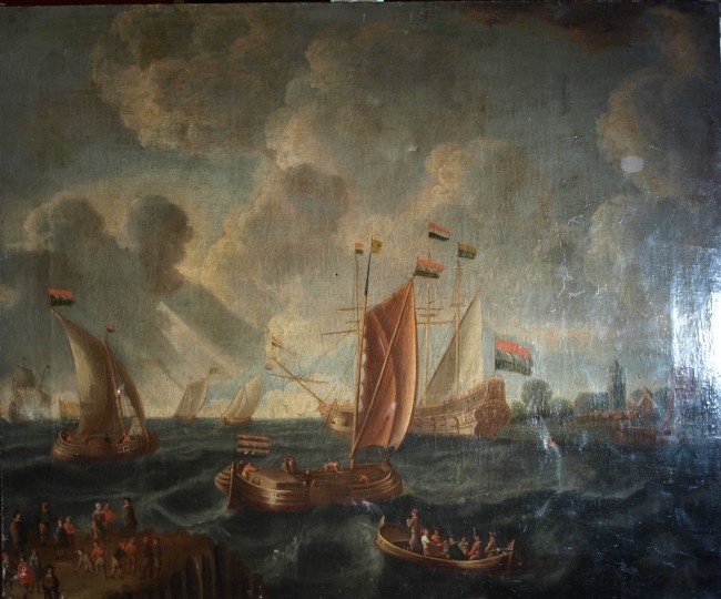 Small varnish removal test (cloud top right) on an 18th century seascape
