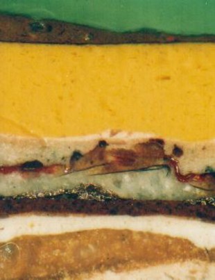Detail of water-damaged 18th century wallpainting showing cleaning test